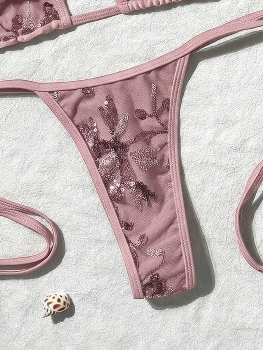 różowy komplet bikini stringi cekiny