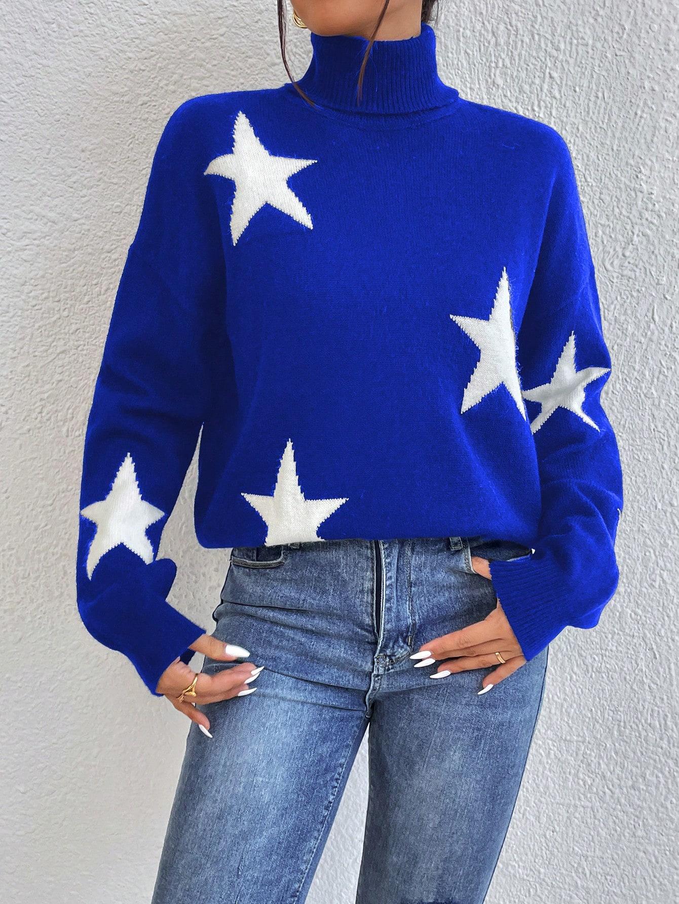 niebieski sweter z golfem gwiazdy print