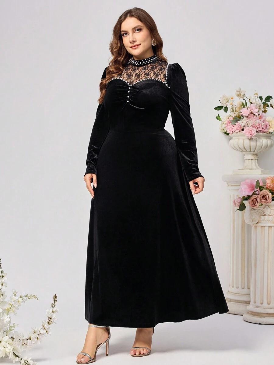 czarna welurowa maxi sukienka zdobienie 
