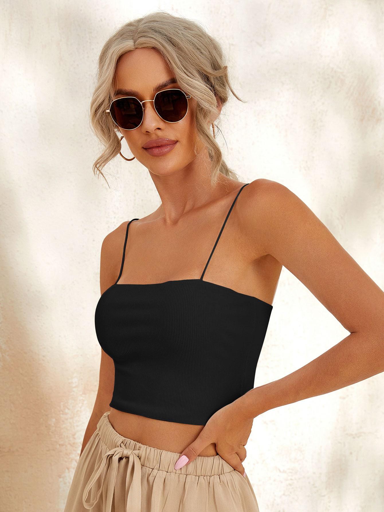 CZARNY CROP TOP na ramiączkach PRĄŻKI basic