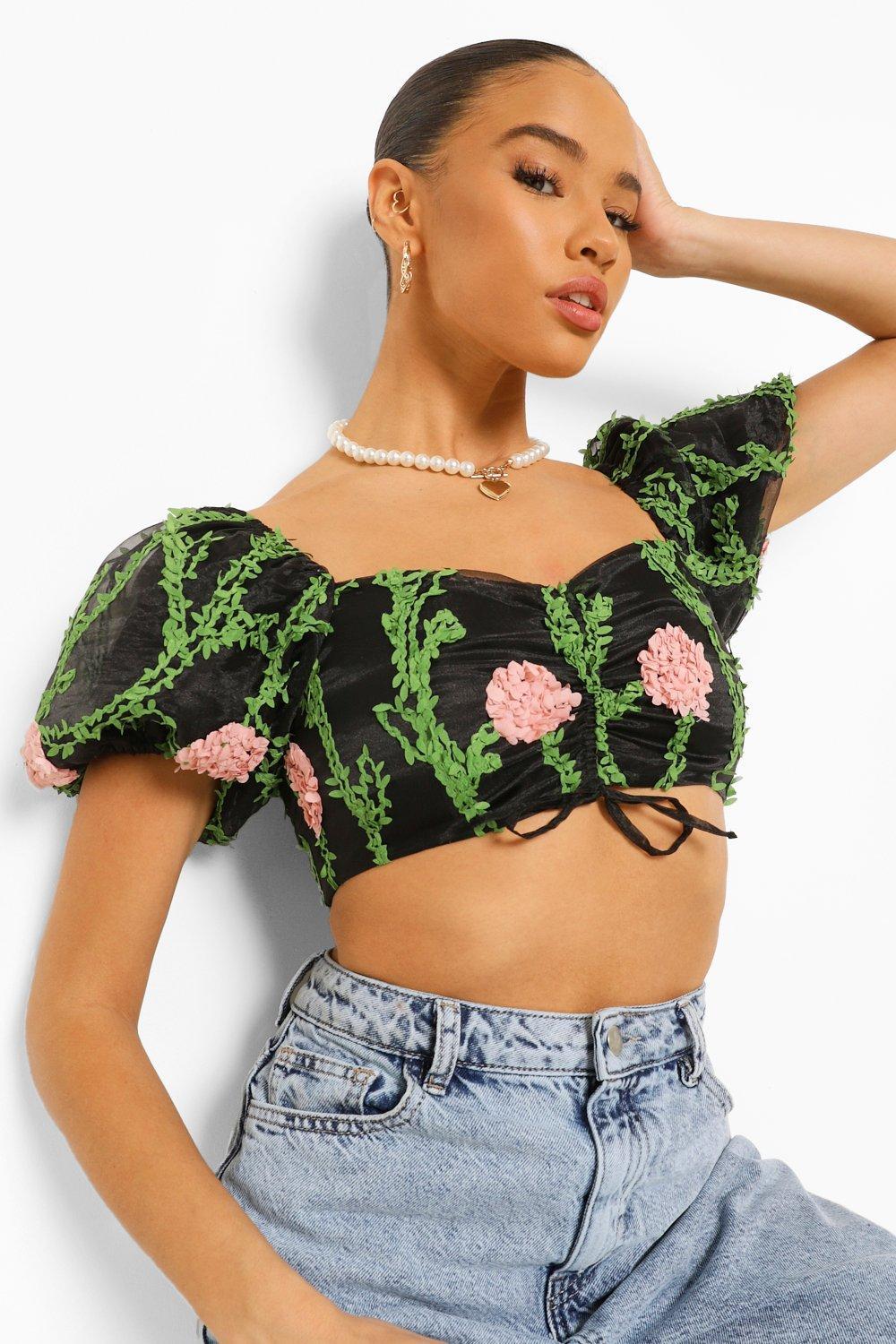 crop top organza kwiaty 3d zip bufki