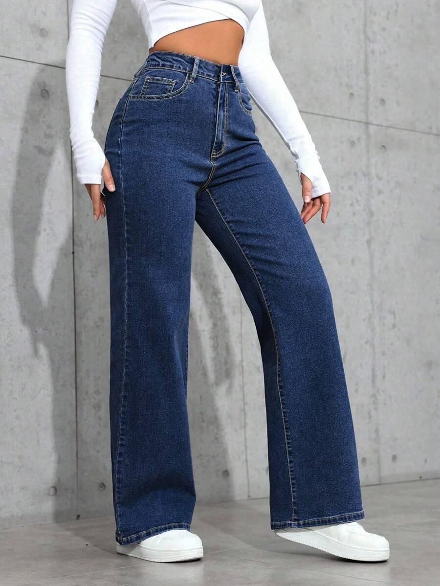 GRANATOWE SPODNIE JEANS PROSTA NOGAWKA