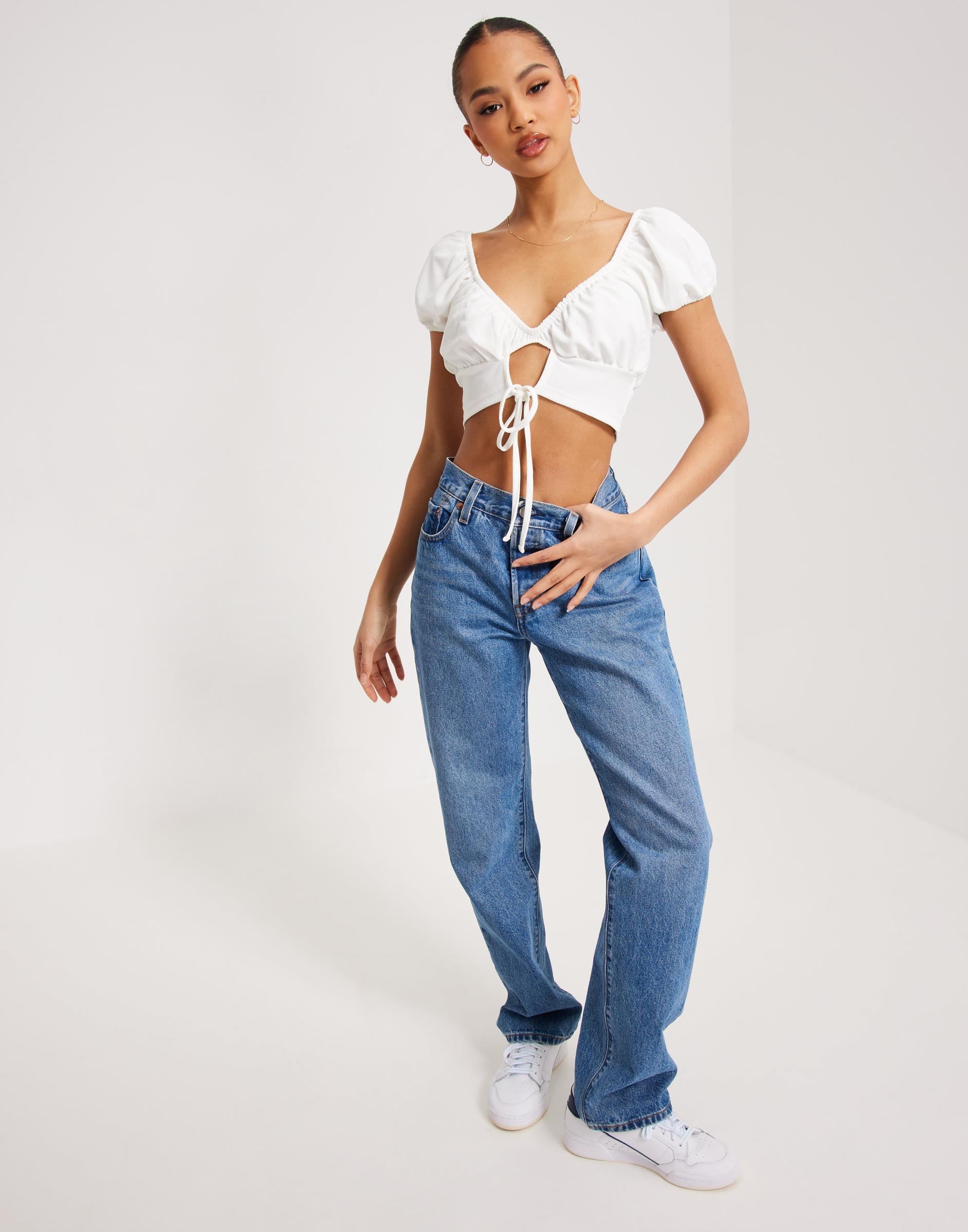 biały crop top krótki rękaw wiązanie bufki