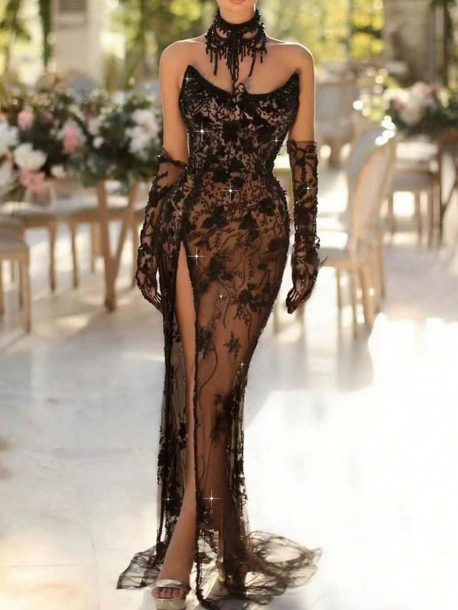 CZARNA MAXI SUKIENKA ZDOBIENIA