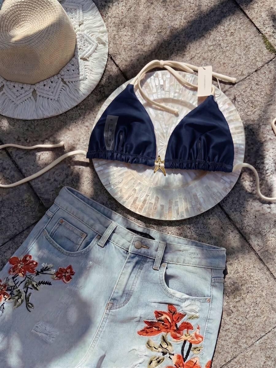 granatowa góra od bikini kontrast zdobienie