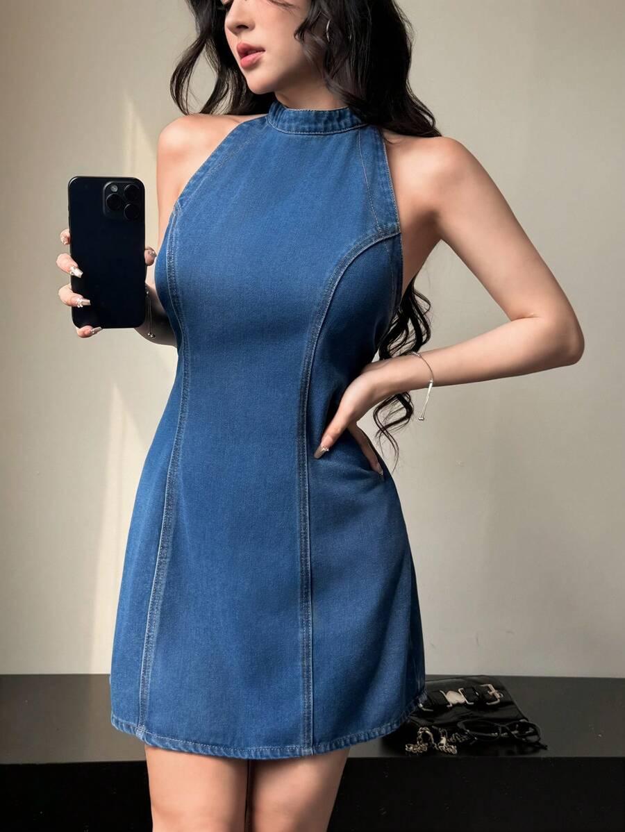 mini sukienka jeans bez rękawów zip