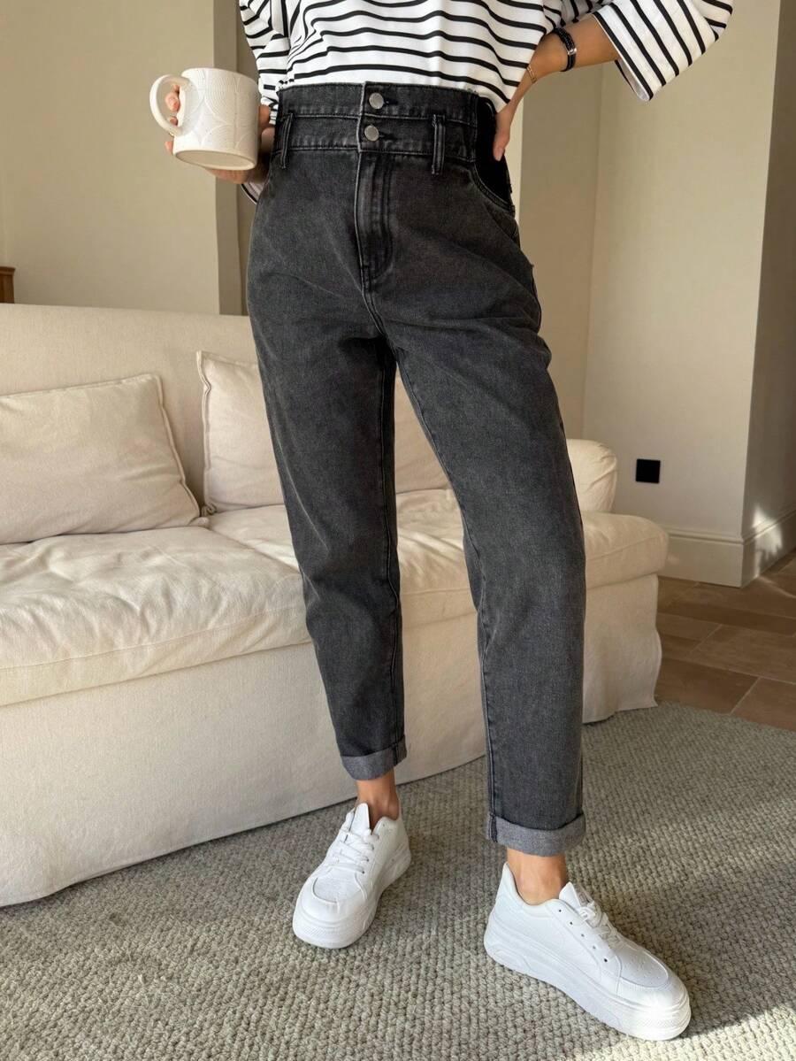 szare spodnie jeans wysoki stan