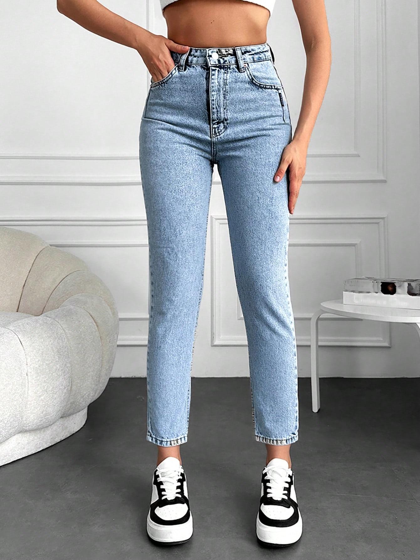 marmurkowe spodnie mom jeans kieszenie high waist