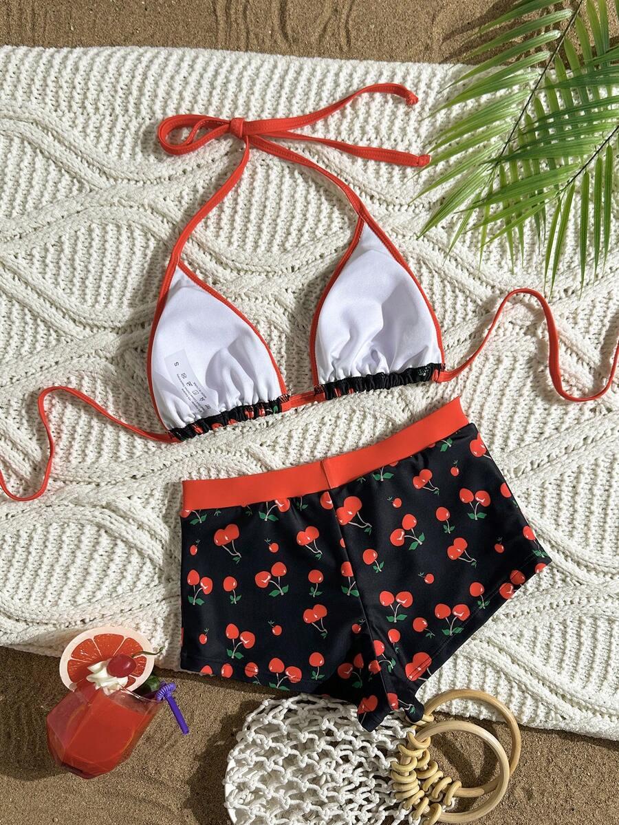 DWUCZĘŚCIOWY STRÓJ KĄPIELOWY SPODENKI PRINT WISIENKI