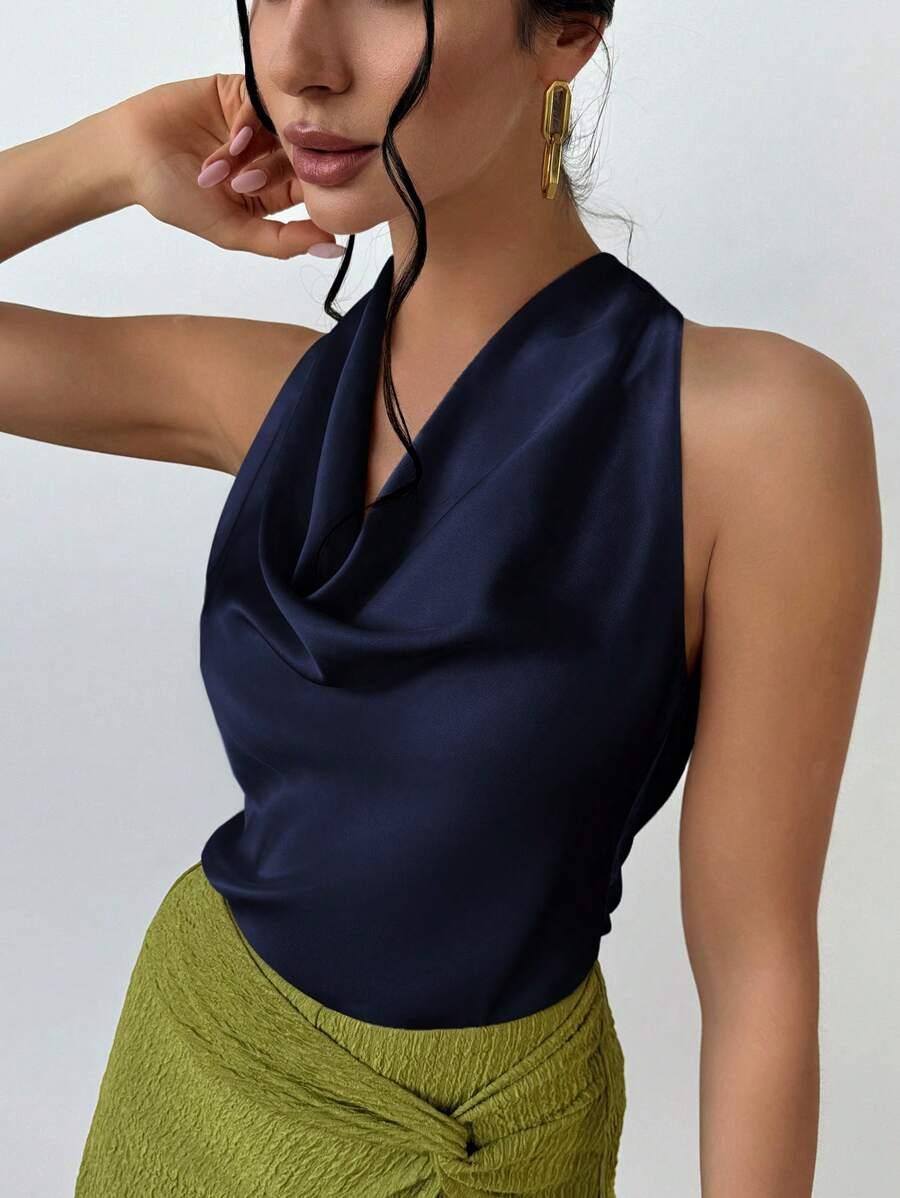 GRANATOWY SATYNOWY TOP