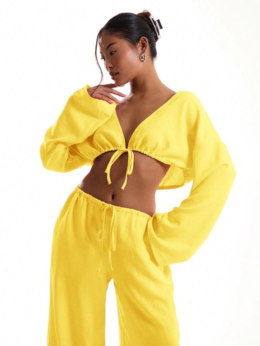 ŻÓŁTY CROP TOP WIĄZANIE