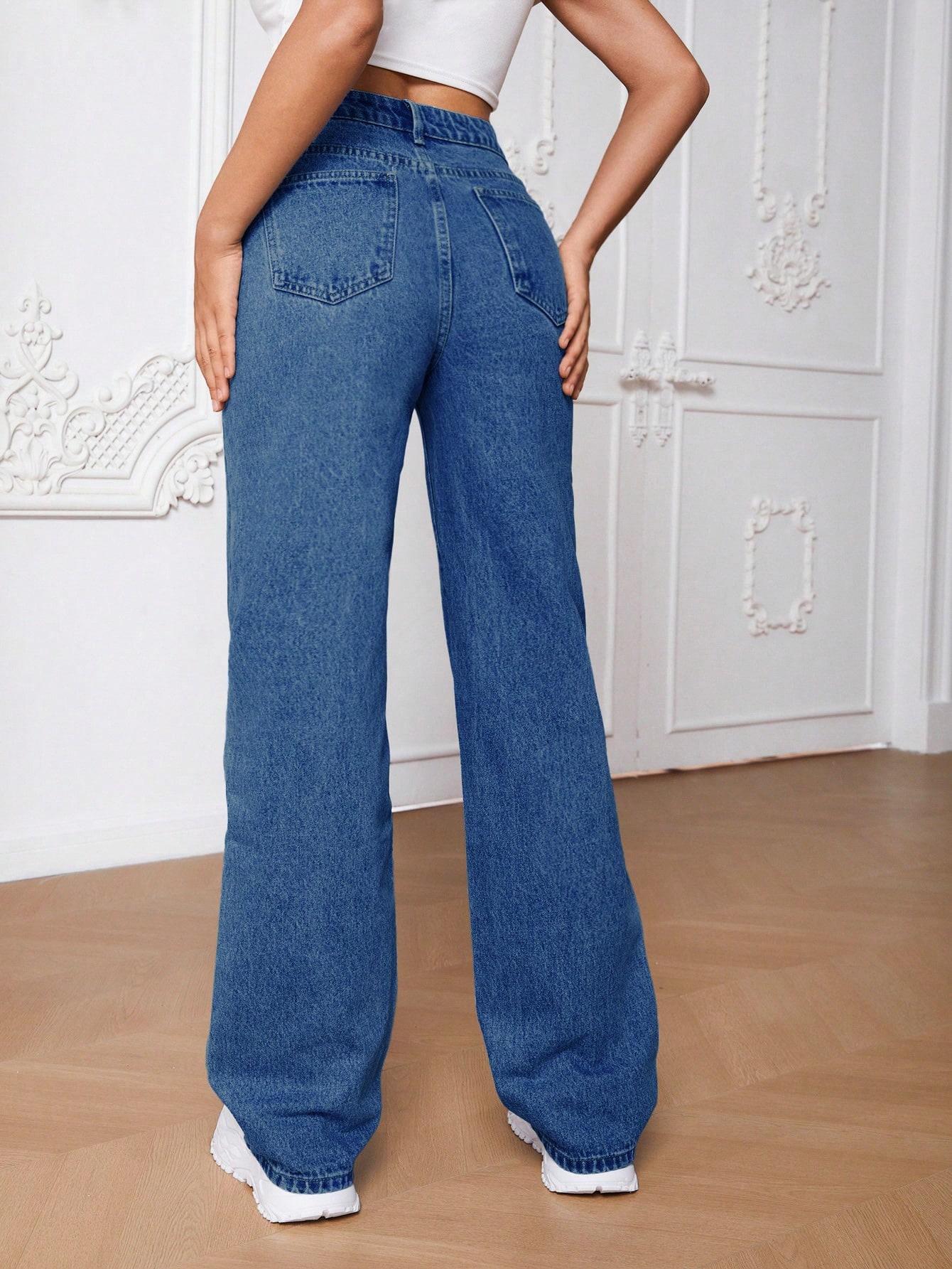 niebieskie proste spodnie jeans 
