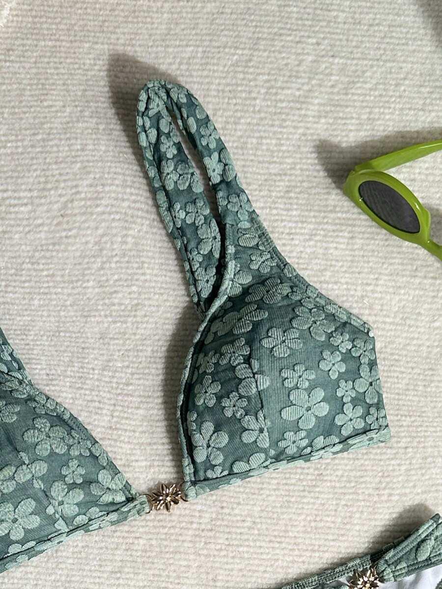 ZIELONY KOMPLET BIKINI WZÓR KWIATY