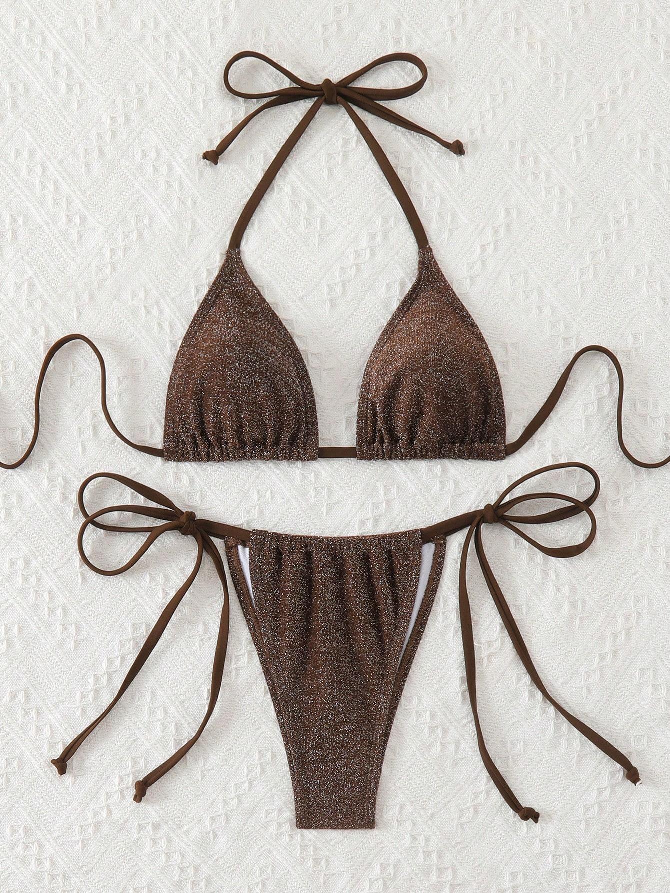 brązowe bikini komplet połysk