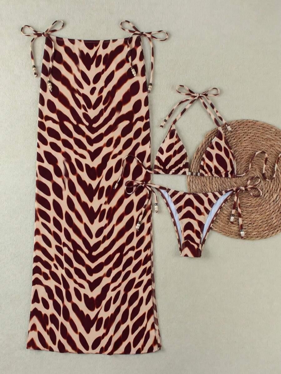 trzyczęściowy strój kąpielowy animal print