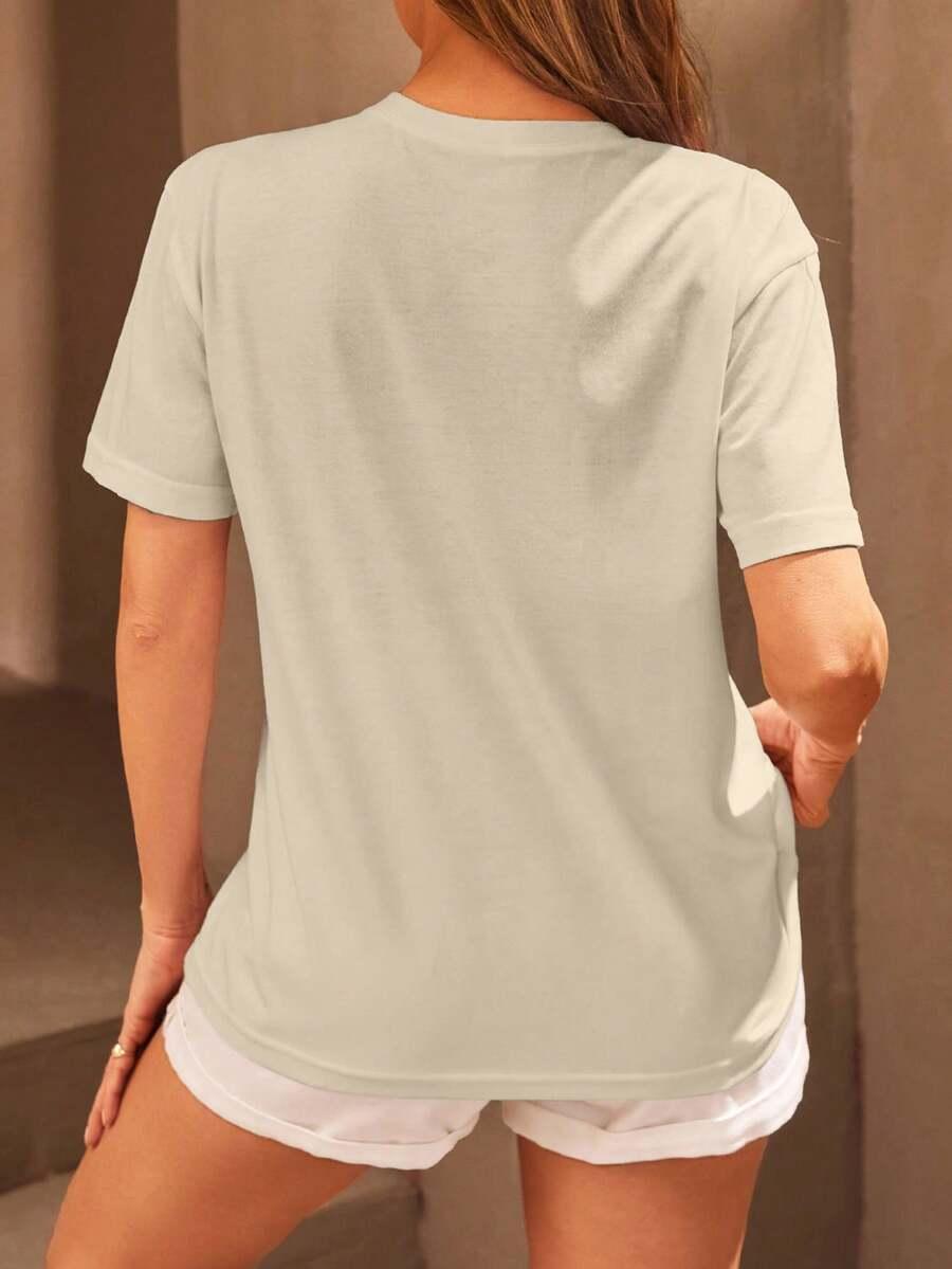 beżowy t-shirt okrągły dekolt haft
