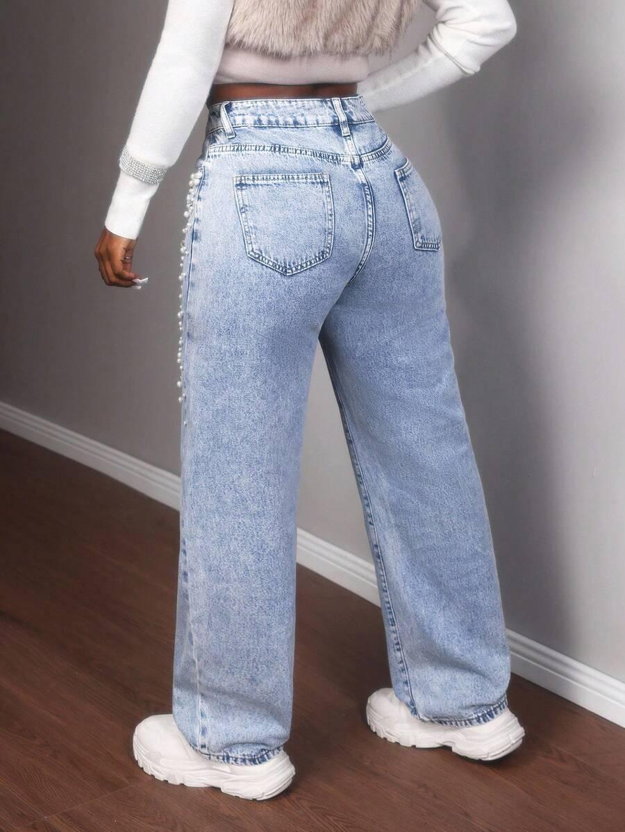 niebieskie spodnie jeans perełki