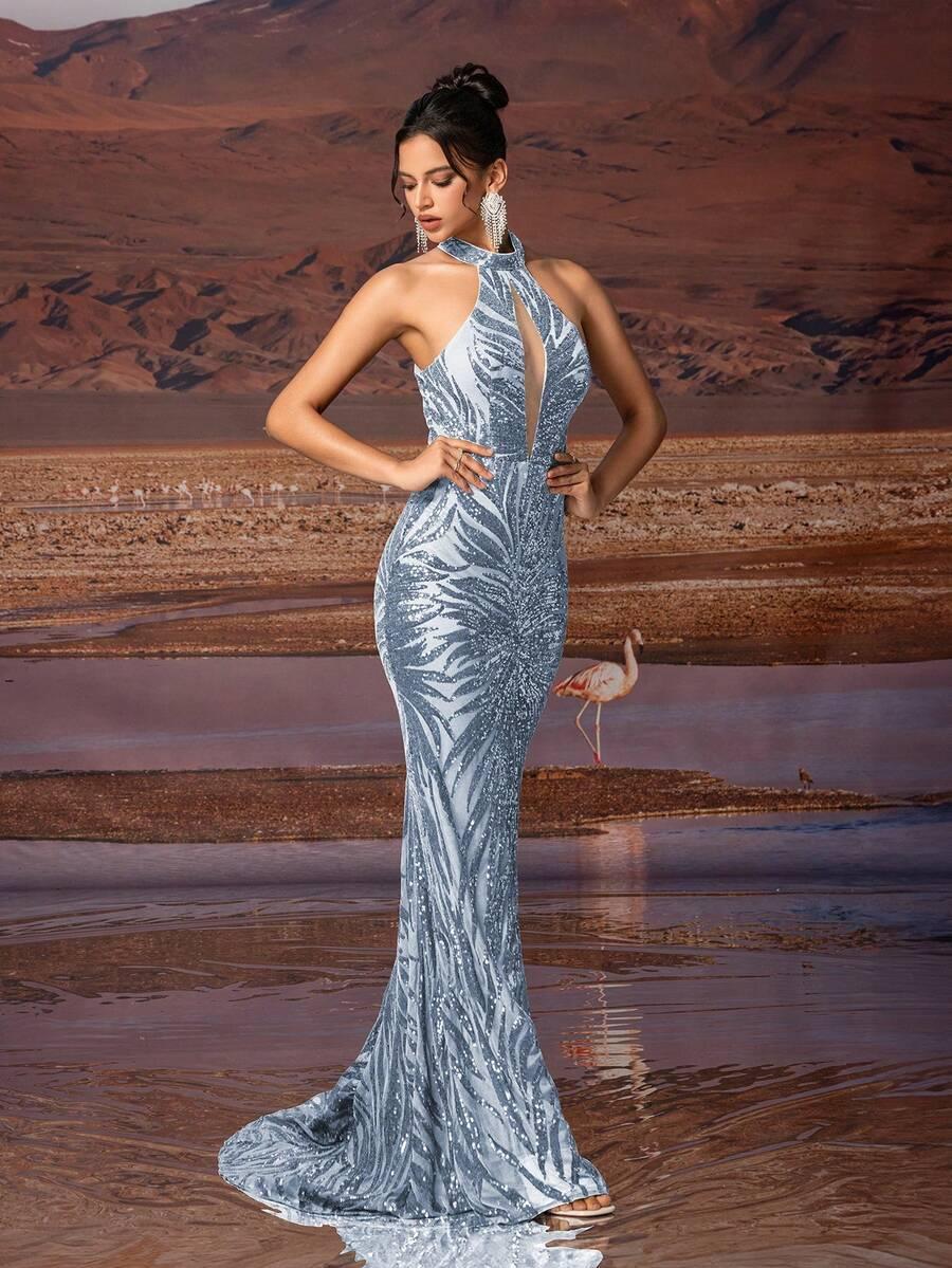 niebieska maxi sukienka połysk