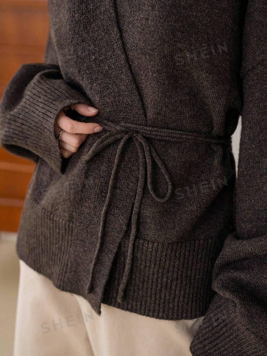 BRĄZOWY SWETER KARDIGAN WIĄZANIE 