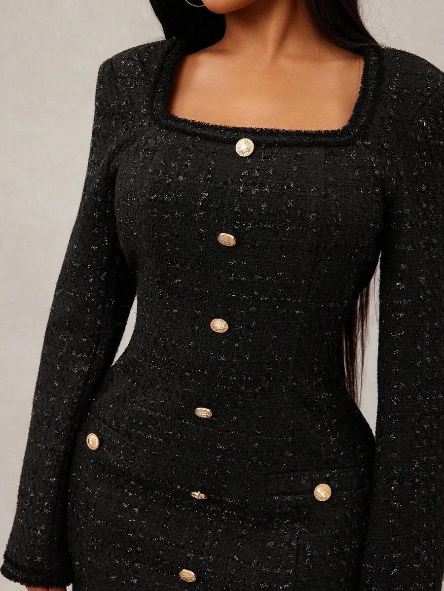 CZARNA MINI SUKIENKA tweed guziki