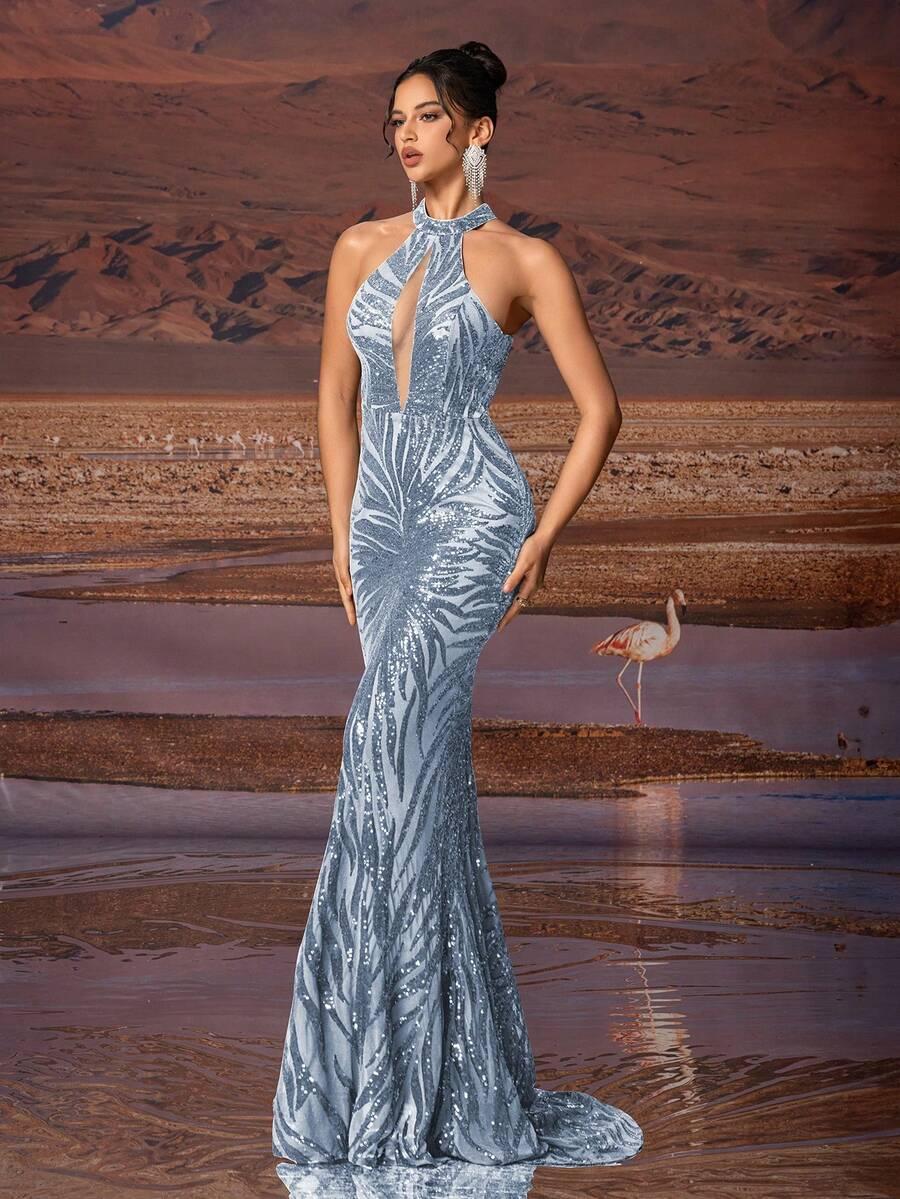 niebieska maxi sukienka połysk