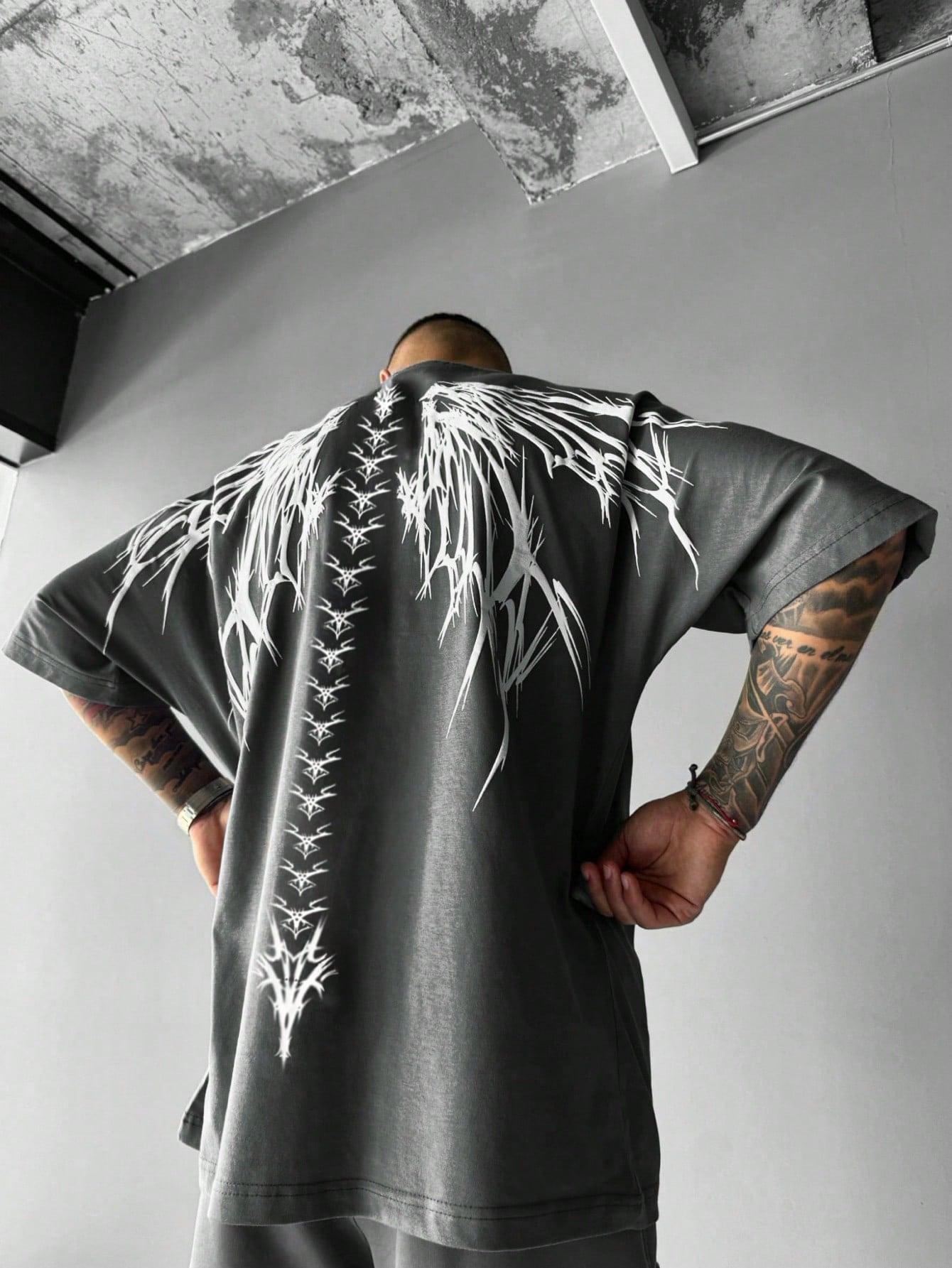 SZARY T-SHIRT OKRĄGŁY DEKOLT PRINT