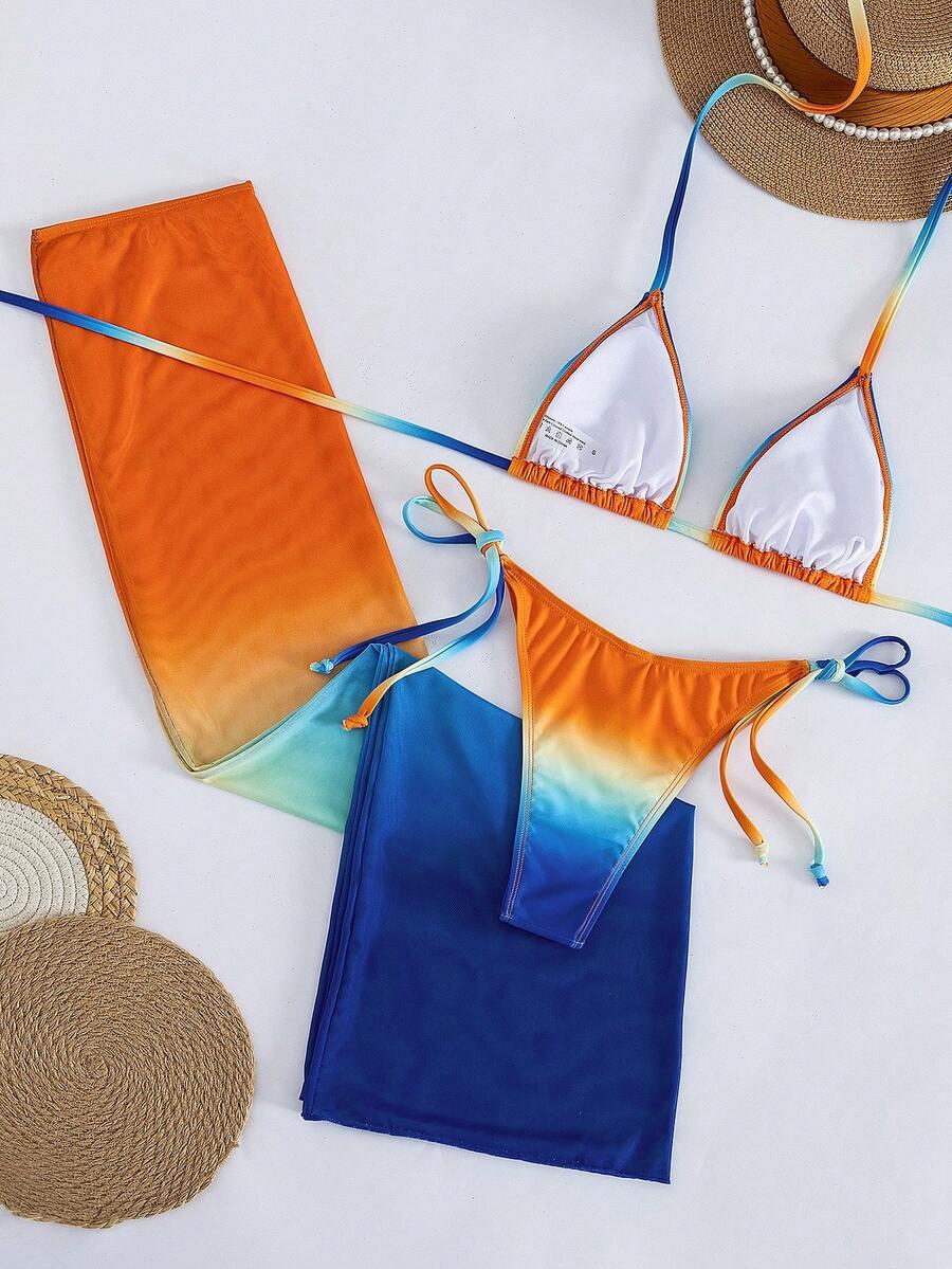 trzyczęściowy komplet bikini pareo ombre