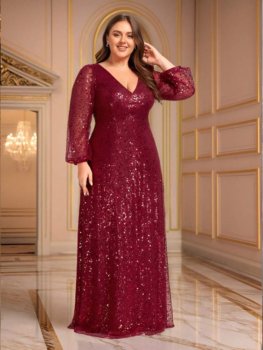czerwona maxi sukienka zdobienie cekiny v-neck