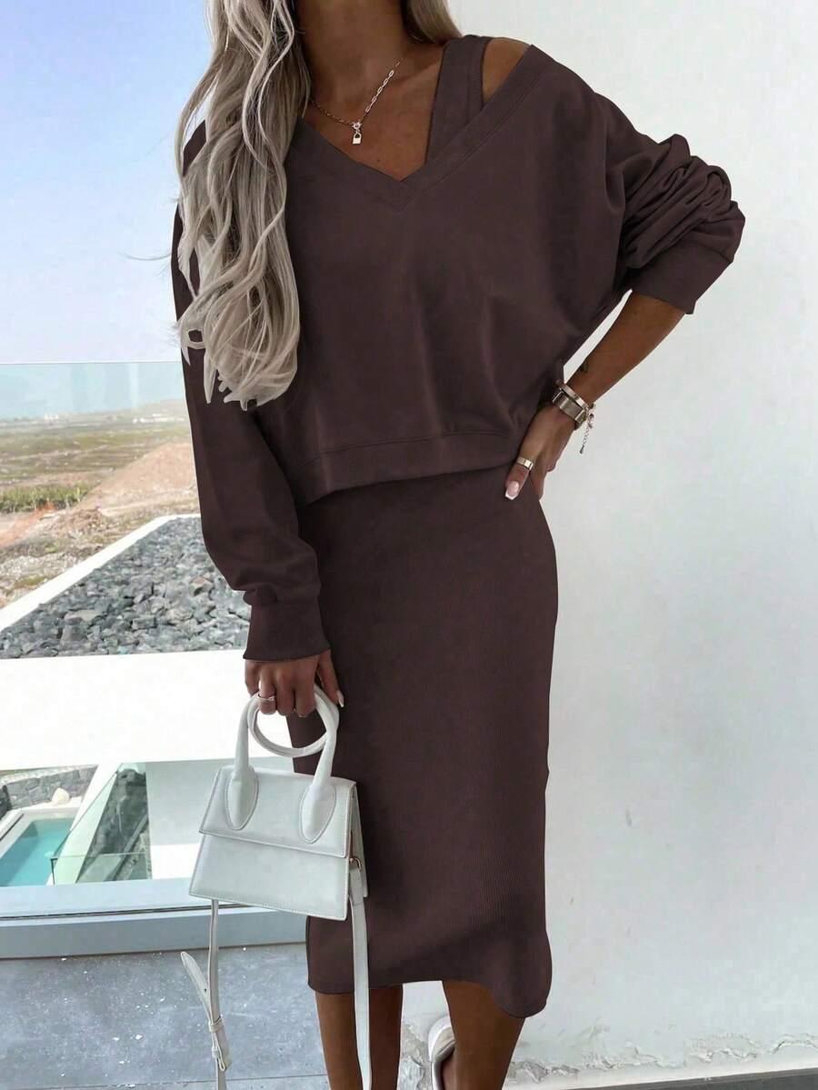 BRĄZOWA MIDI SUKIENKA V-NECK 