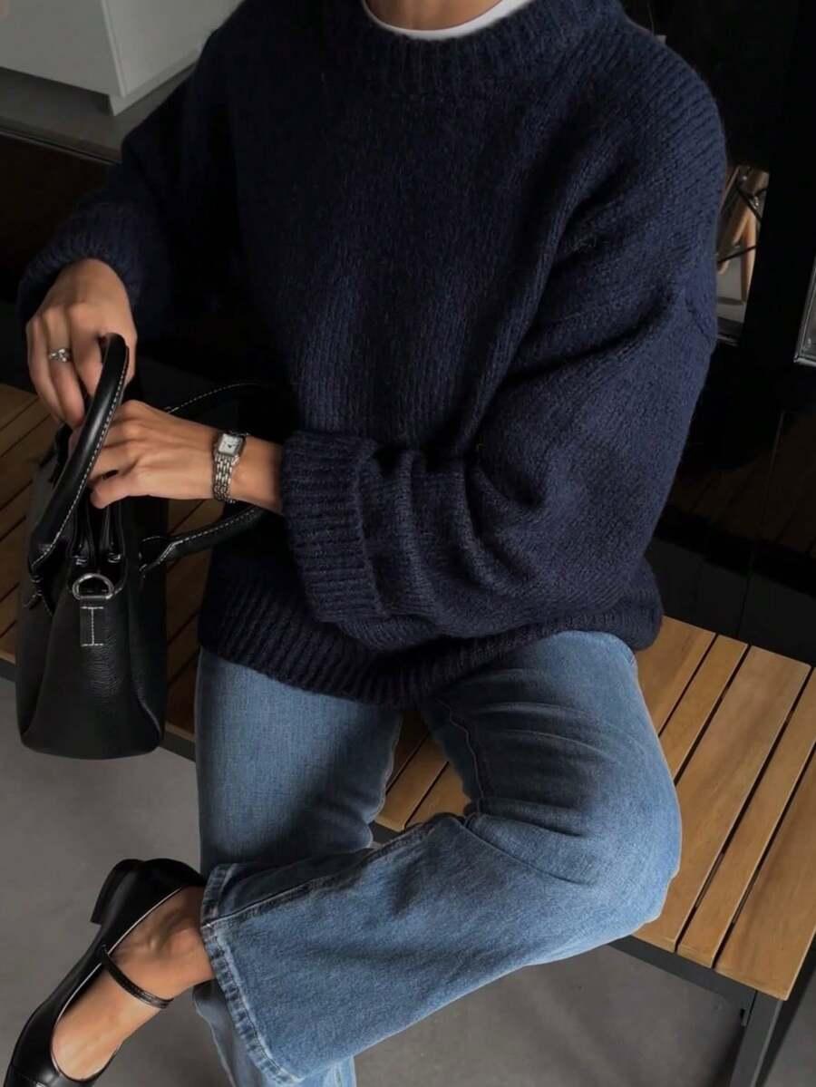 GRANATOWY SWETER OKRĄGŁY DEKOLT 