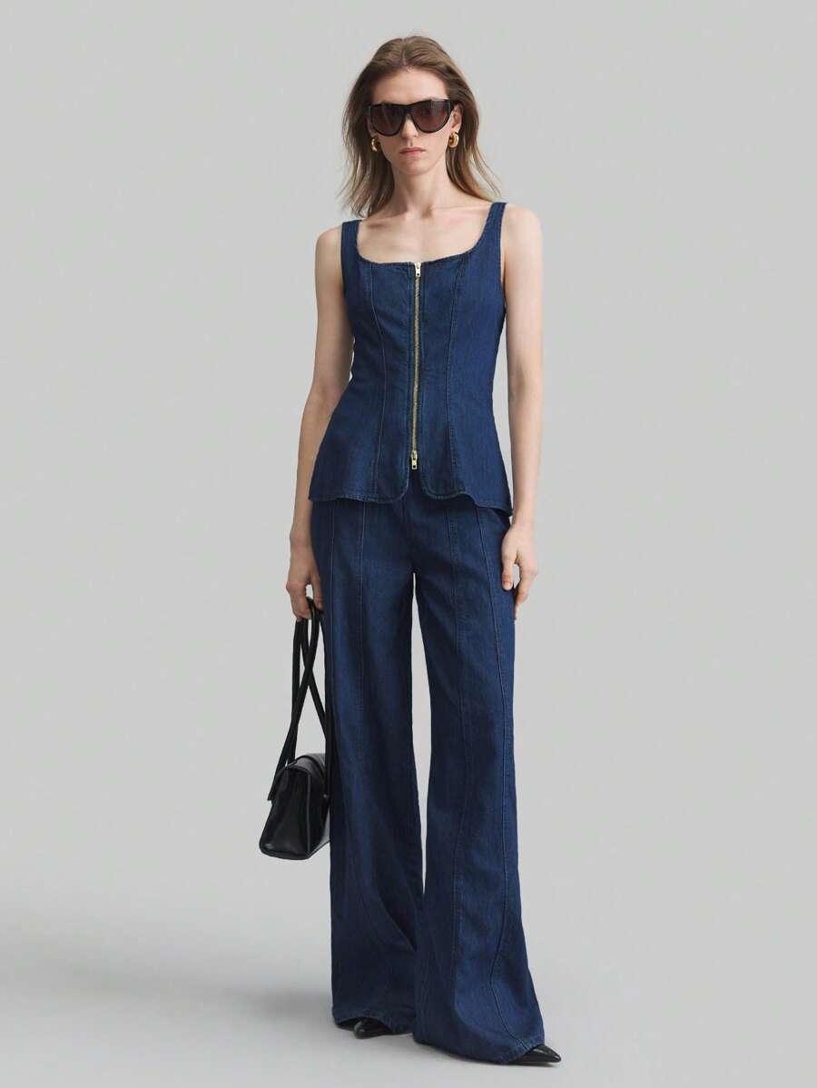 TOP DAMSKI JEANSOWY BEZ RĘKAWÓW MINIMALISTYCZNY 