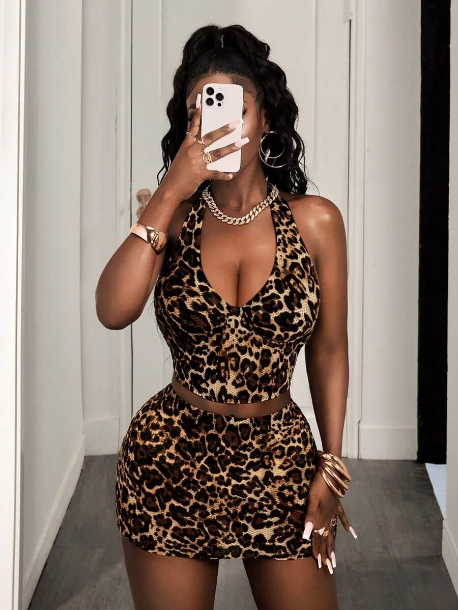 komplet top spódnica animal print 