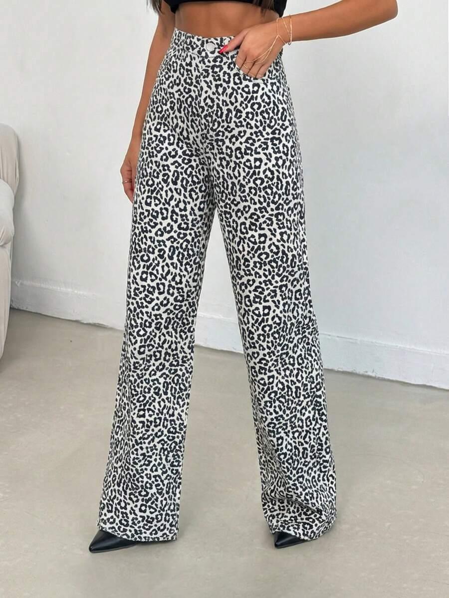 spodnie jeans leopard print 