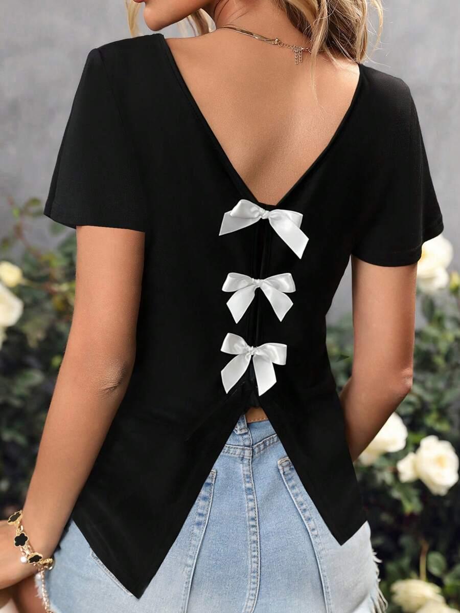czarny t-shirt v neck kokardy 