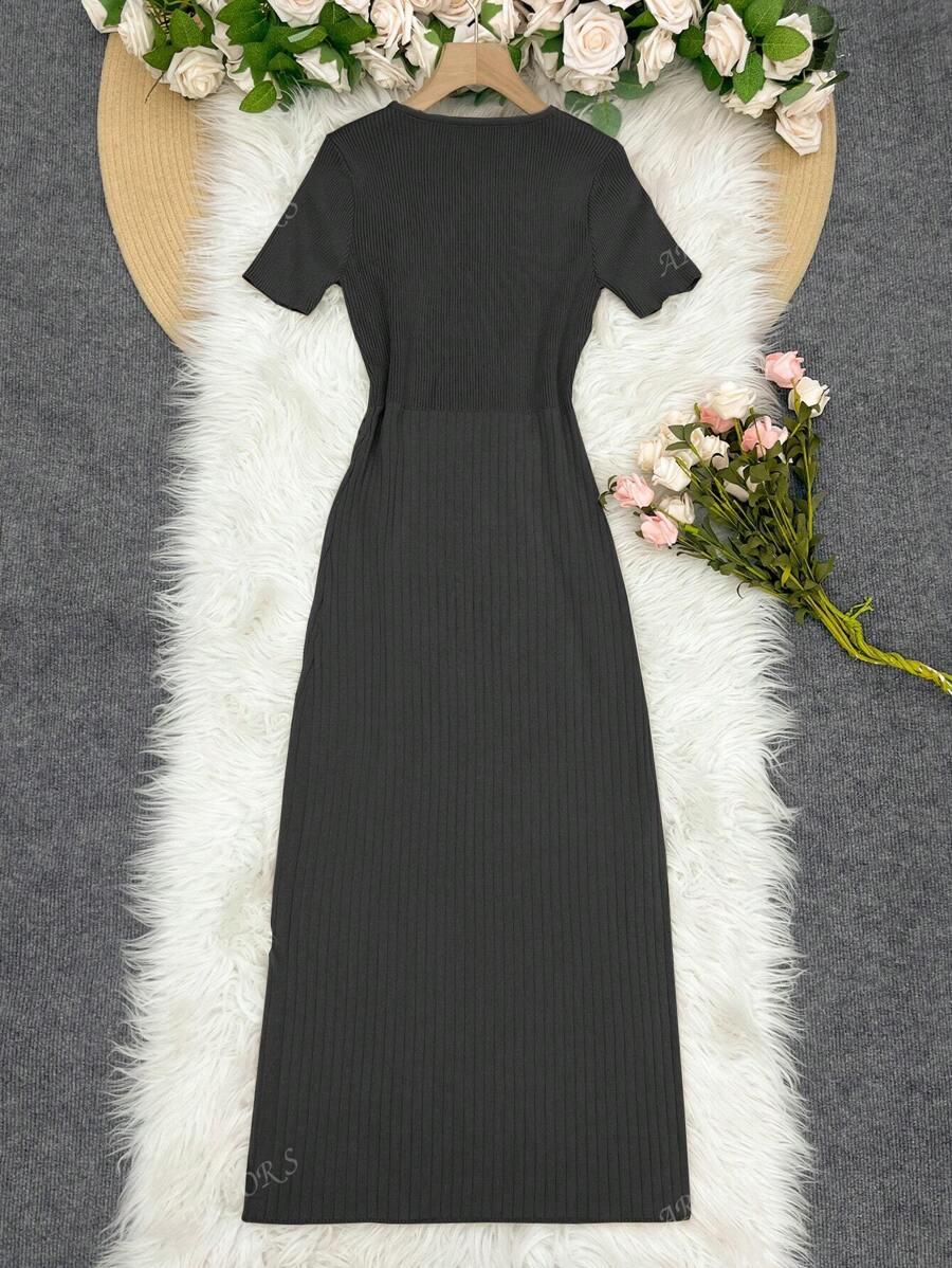 OŁÓWKOWA MIDI SUKIENKA V-NECK 