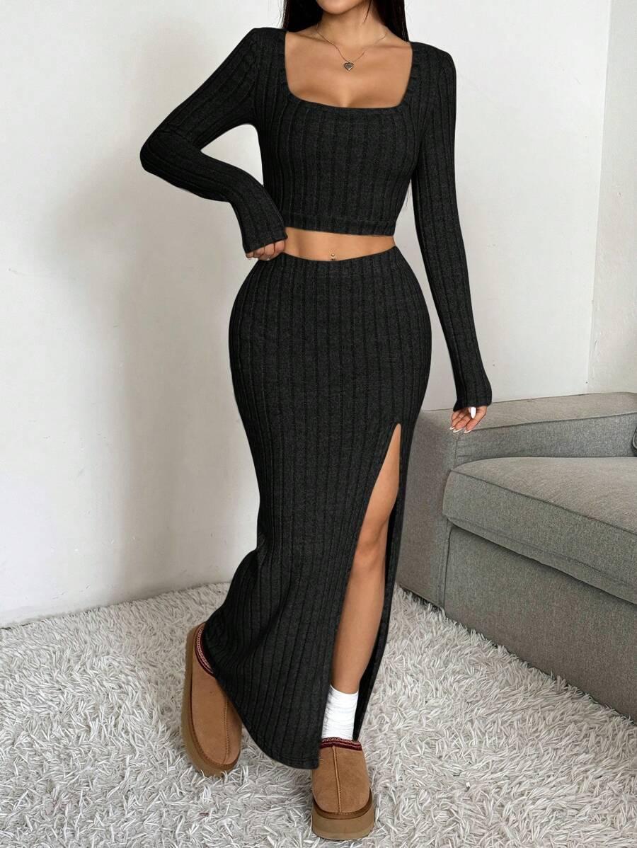 czarny komplet top spódnica maxi