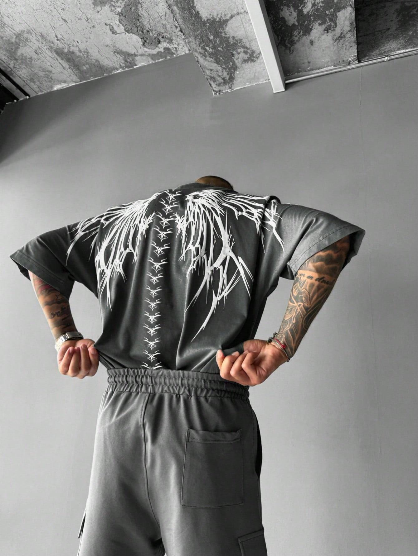 SZARY T-SHIRT OKRĄGŁY DEKOLT PRINT