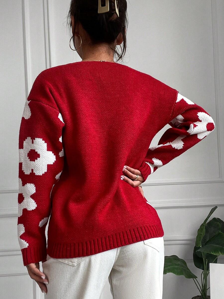 CZERWONY SWETER KWIATY 