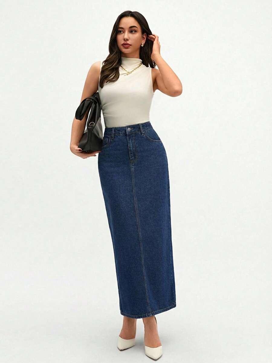 niebieska maxi spódnica z rozcięciem jeans