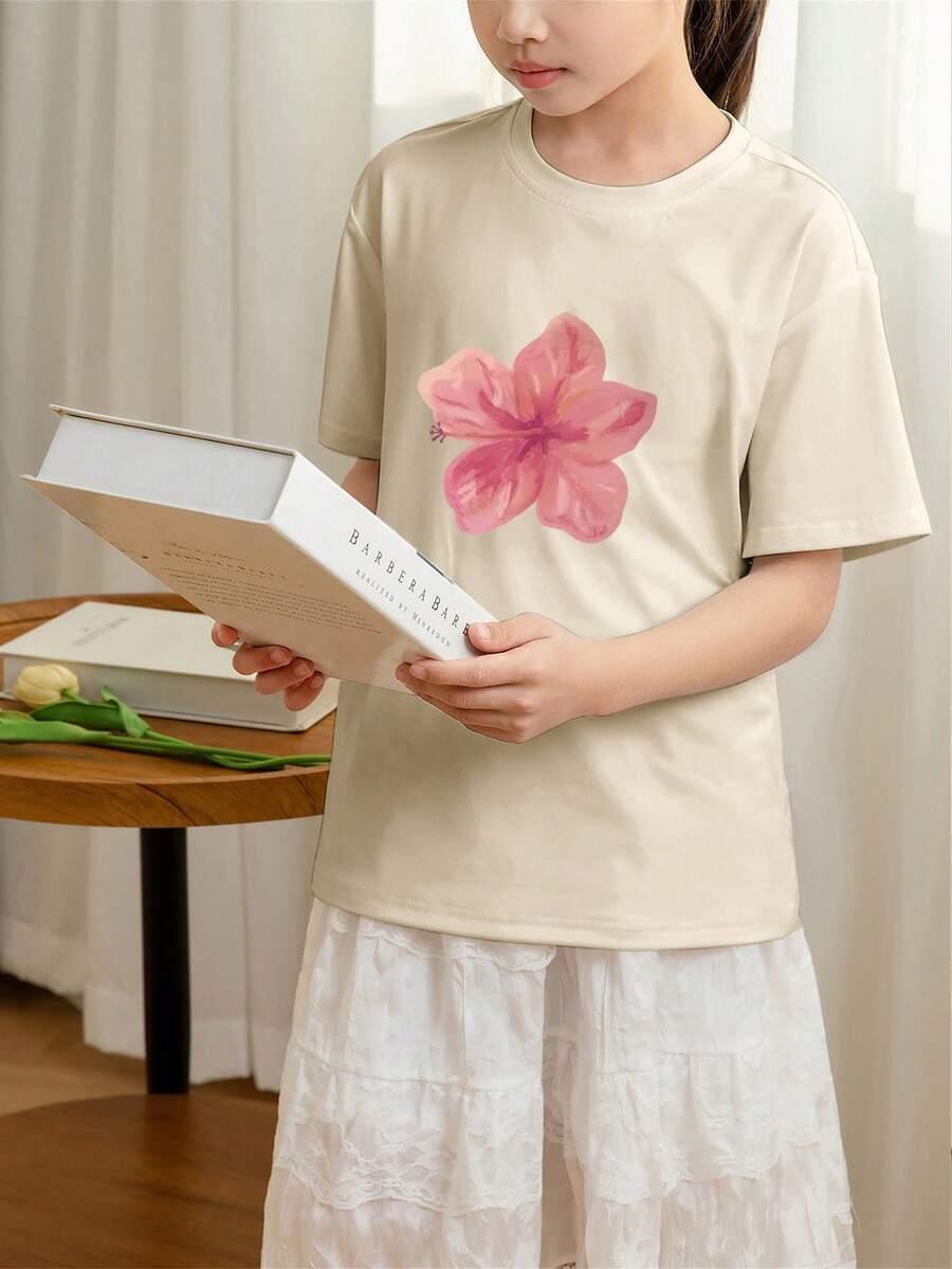 beżowy t-shirt nadruk kwiat