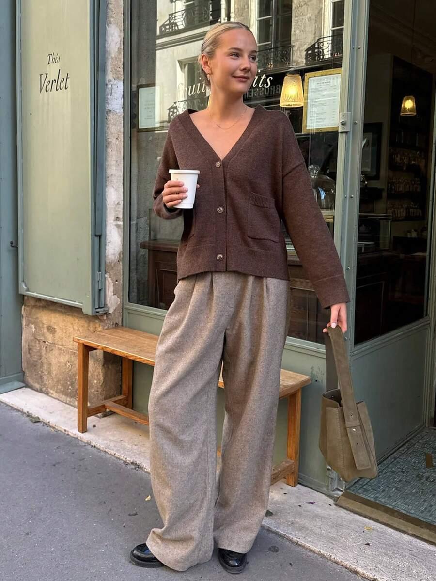 BRĄZOWY DZIANINOWY SWETER GUZIKI 