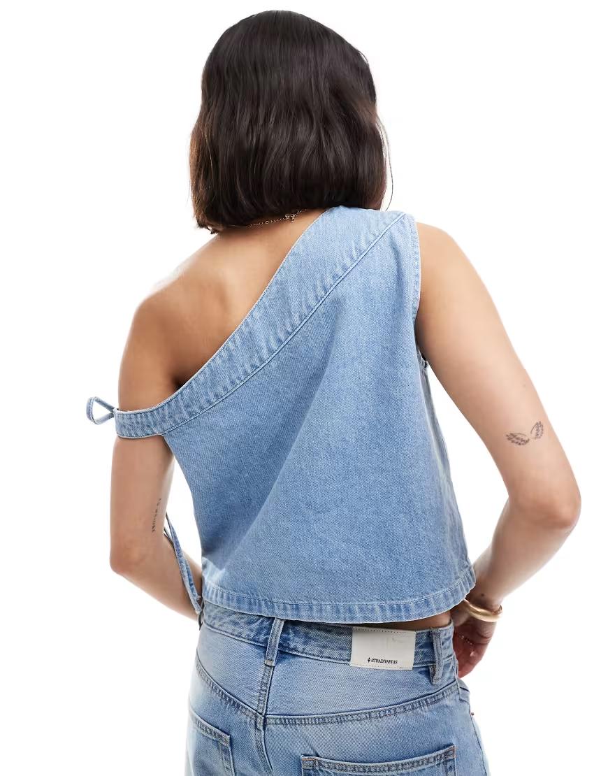 NIEBIESKA BLUZKA JEANS NA JEDNO RAMIĘ