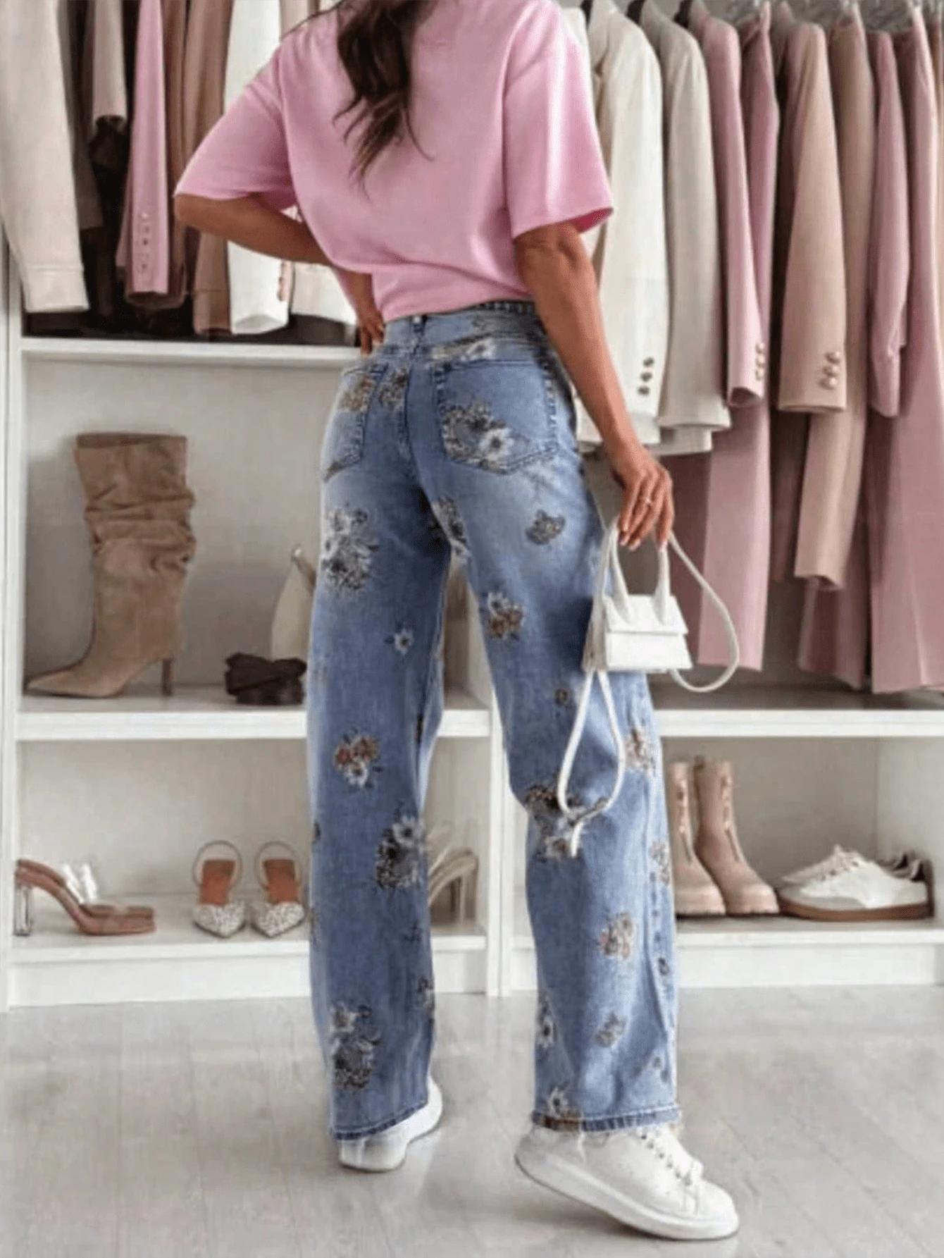 SPODNIE JEANS W KWIATY