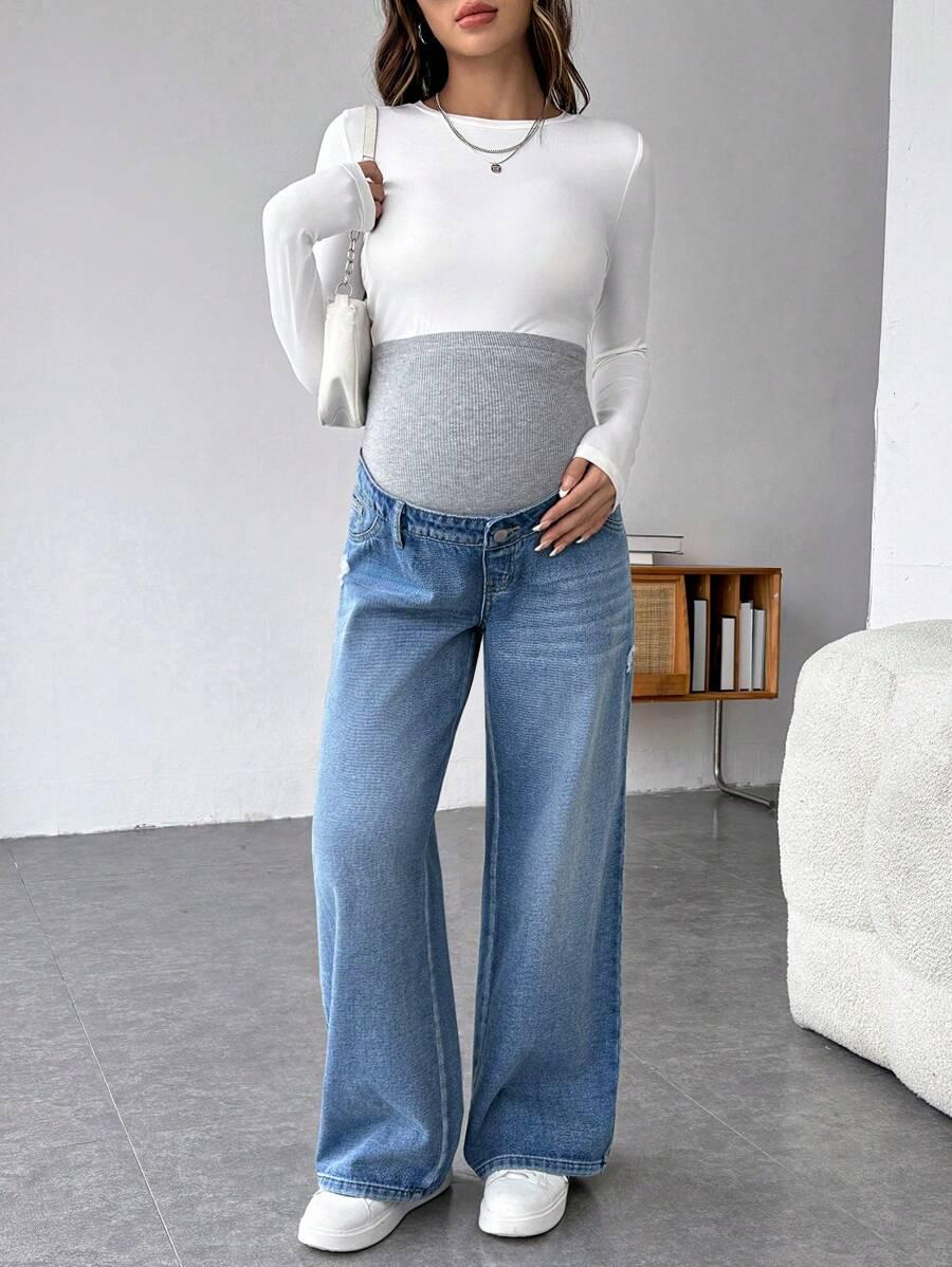 CIĄŻOWE SPODNIE JEANS SZEROKIE NOGAWKI