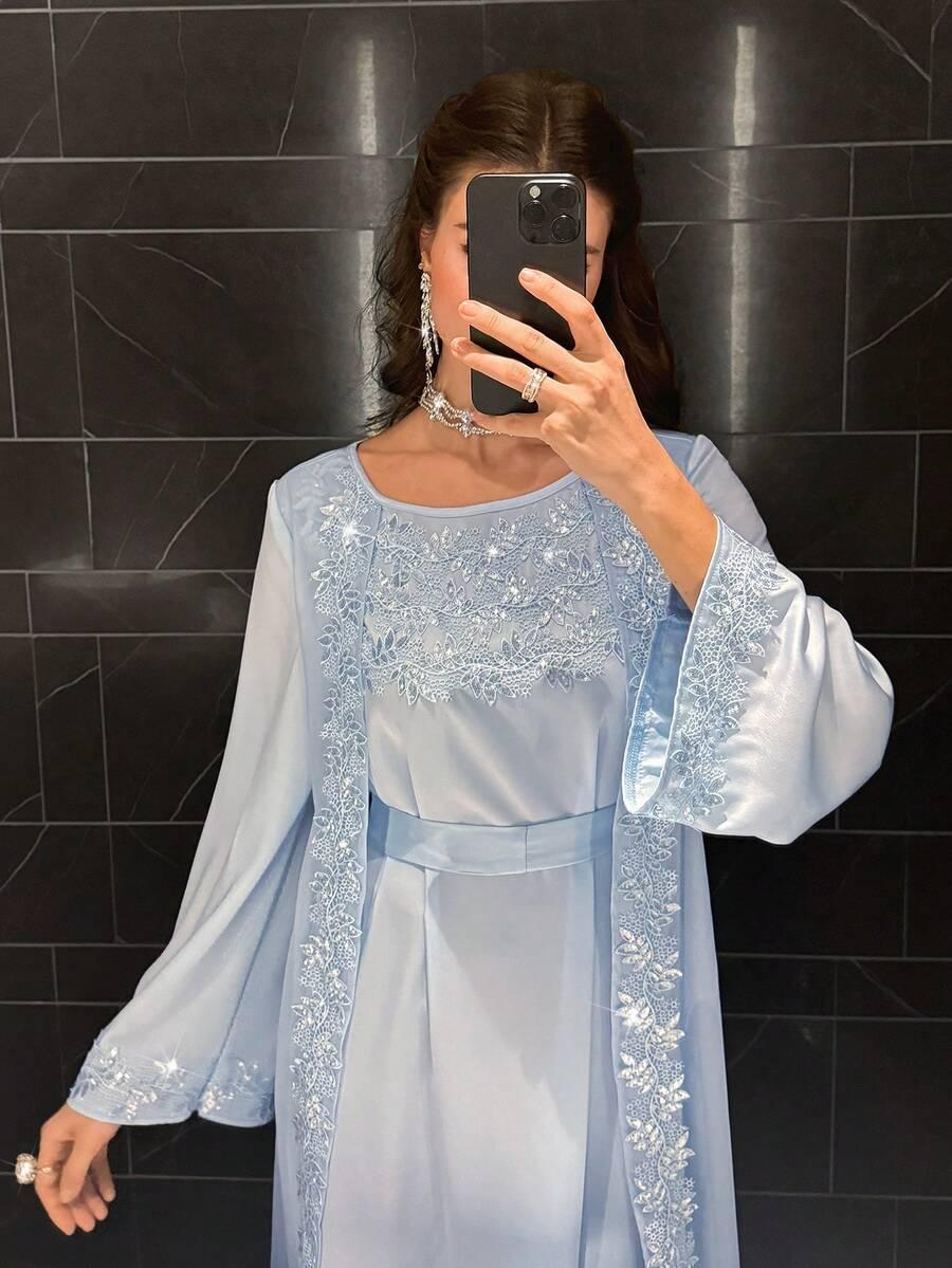 NIEBIESKA MAXI SUKIENKA ZDOBIENIE