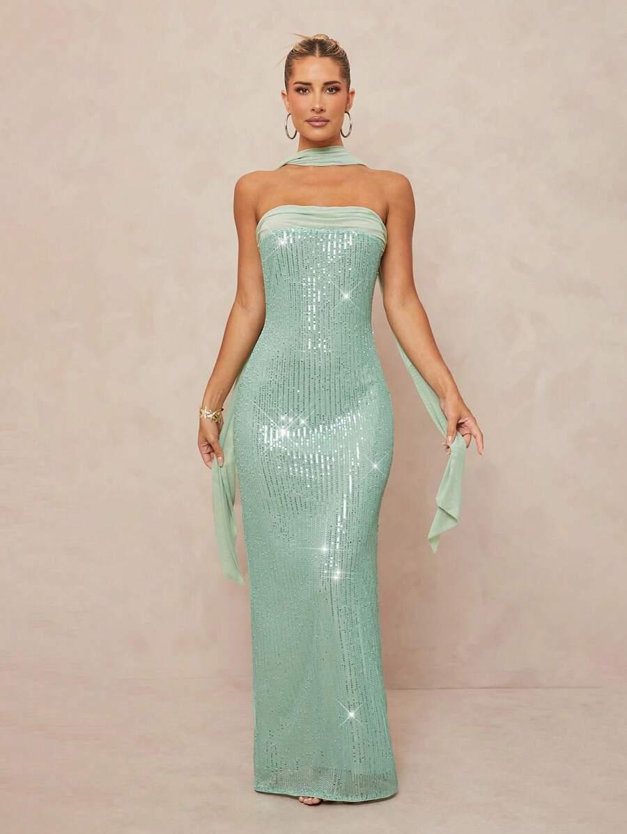 SUKIENKA W CEKINY MAXI