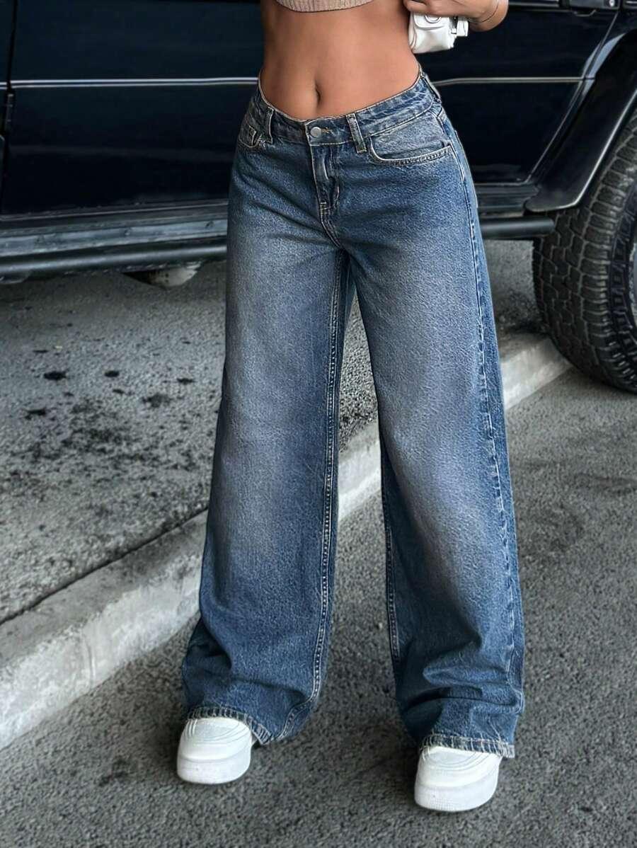 niebieskie spodnie jeans szerokie nogawki