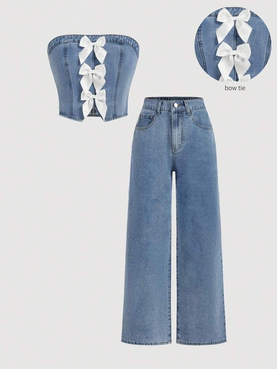 spodnie top komplet jeansowy