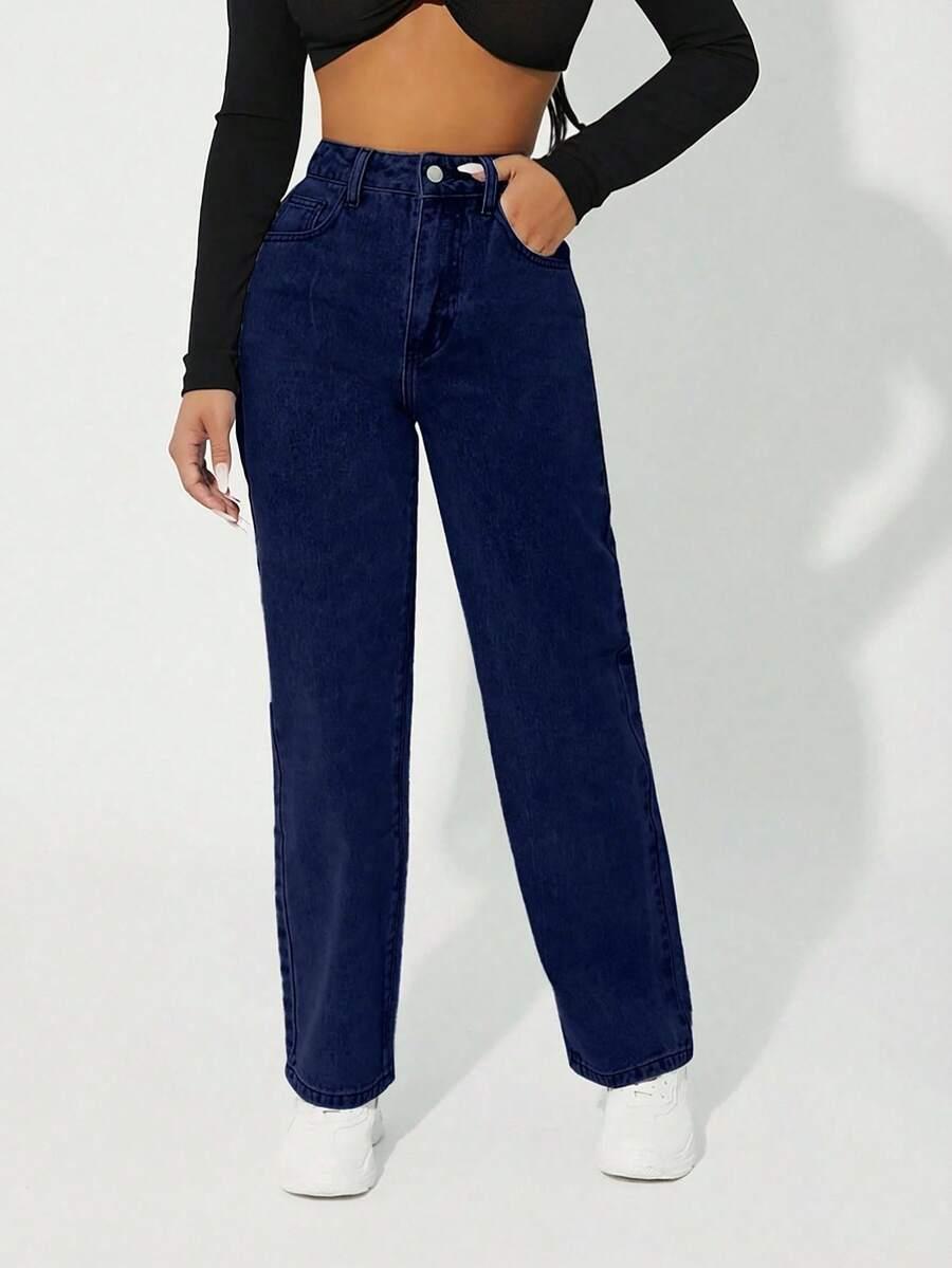 granatowe spodnie jeans prosta nogawka