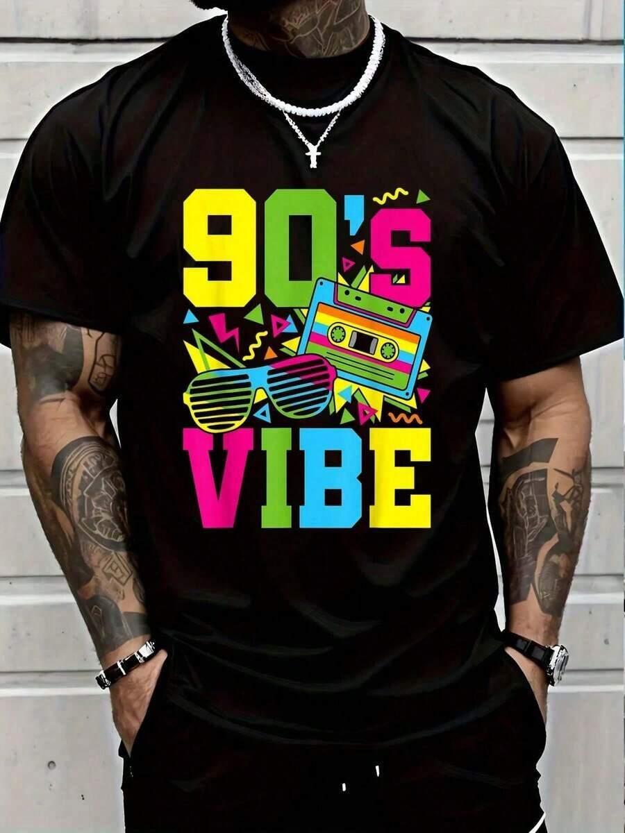 czarny t-shirt Styl lat 90. nadruk okrągły dekolt